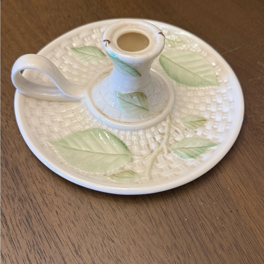 IRISH BELLEEK APPLE LEAF CANDLE HOLDER/24k gold ACCENT HANDPAINTED